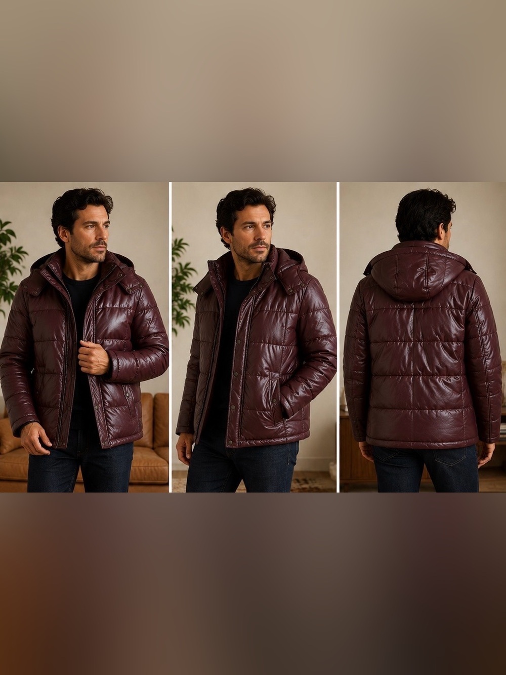 Crocodile Genuine Lamb Leather Burgundy Puffer Coat Jacket Men’s Size 50/L